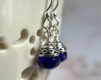 Cobalt Blue Celtic Earrings Sterling Silver Ear Wire
