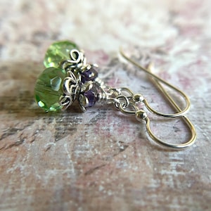 Peridot and Amethyst Glass Earrings Sterling Silver Ear Wire