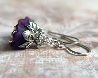 Sparkling Violets, Purple Flower Earrings, Sterling Silver Ear Wires