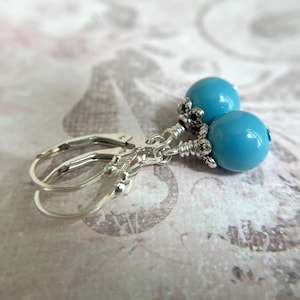 Blue Turquoise Pearl Earrings Sterling Silver Ear Wire 8 mm Swarovski Crystal