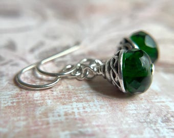 Emerald Green Celtic Earrings, Sterling Silver Ear Wires