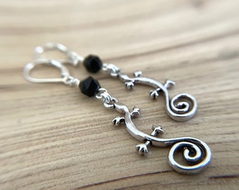 Obsidian Gecko Earrings Sterling Silver Ear Wires