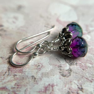 Purple and Teal Earrings, Sterling  Silver Ear Wires, Teal and Purple Glass