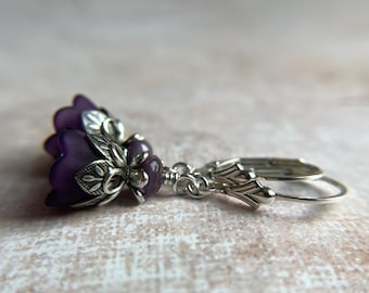 Deep Purple Flower Earrings, Sterling Silver Ear Wires, Length 1.25 Inches