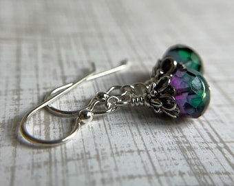 Purple and Teal Earrings Sterling  Silver Ear Wire