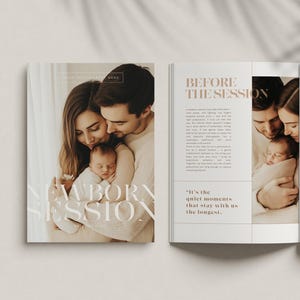 Peut inclure: Brochure "Newborn Session" avec des images d'une famille avec un nouveau-né. La brochure est ouverte, affichant du texte et des photographies. Le texte comprend "Before the Session" et "The Session Flow."