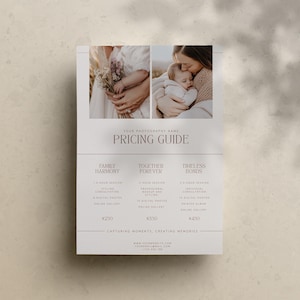 May include: A photography pricing guide with the text "PRICING GUIDE" in a serif font. The guide includes three packages: Family Harmony, Together Forever, and Timeless Bonds. Each package includes a session, digital photos, and an online gallery.