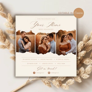 May include: A beige and brown square graphic with the text "Your Theme Mini Sessions" in a brown cursive font. The graphic includes three photos of couples in a fall setting. The text below the photos reads "80 minute session, online gallery, 18 digital images, booking now, limited spots, only $120. Get in touch!" with social media icons and handles.