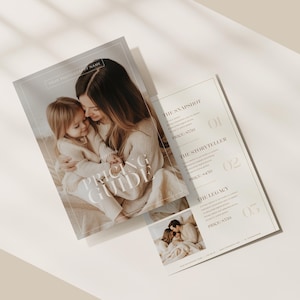 Puede incluir: Una gu&iacute;a de precios de fotograf&iacute;a con una paleta de colores suave y neutra. La portada presenta a una madre y su hijo, con el texto "PRICING GUIDE". P&aacute;ginas adicionales detallan las opciones de paquetes, incluyendo "THE SNAPSHOT," "THE STORYTELLER," y "THE LEGACY."