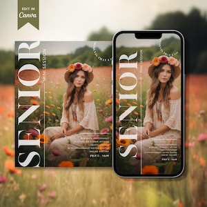 Pode incluir: Um modelo de telefone com um design gráfico para uma mini sessão de fotos de graduação. O design apresenta a palavra "Senior" em uma fonte branca em negrito com um fundo floral. O texto inclui o preço de € 120 e detalhes sobre a sessão, incluindo uma sessão de fotos de 10 minutos, uma troca de roupa e 18 fotos editadas profissionalmente.