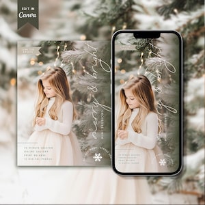 Può includere: Immagine promozionale con una bambina in un vestito bianco, con la scritta "merry & bright" in corsivo. L'immagine è presentata su una scheda e uno smartphone, che pubblicizzano una sessione di 30 minuti, una galleria online, una stampa e 15 immagini digitali.