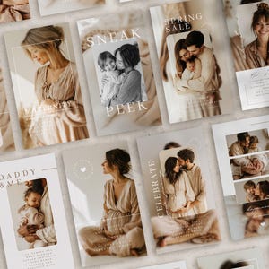 May include: A collection of light-toned cards with photographs of families, babies, and pregnant women. Some cards have text like "Sneak Peek," "Daddy & Me," and "Spring Sale." The images have a soft, warm aesthetic.