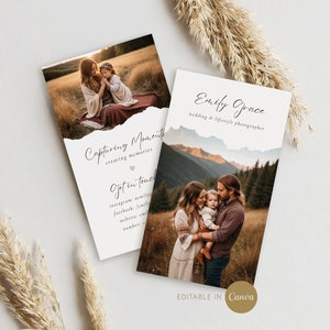 Carte de visite de photographie bohème, modèle modifiable sur Canva, marketing photo, design élégant, minimaliste et simple, pour photographe de mariage, imprimable
