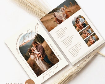 May include: A photography pricing guide with a cream background and brown text. The guide lists three different photography packages: Classic Love, Timeless Saga, and Enchanting Moments. Each package includes a different number of photos and a different price. The guide also includes a photo of a family of three in a field.