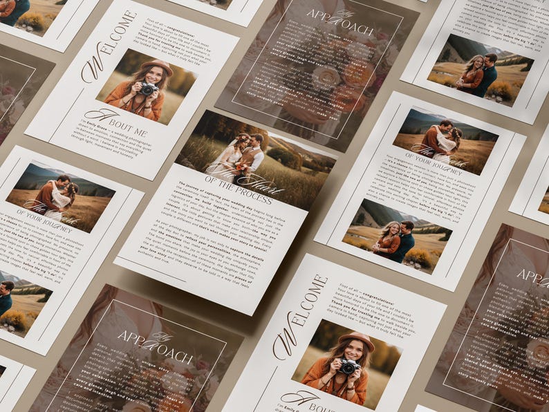 Elegant, pre-written wedding photography guide for photographers. Aesthetic, luxury Canva template to welcome clients with ease, clarity, and emotion. Fully editable, digital & print-ready.