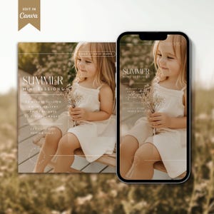 Può includere: Immagine promozionale per mini sessioni fotografiche estive. L'immagine presenta una bambina in un vestito bianco che tiene dei fiori, con testo sovrapposto su un quadrato e un mockup di telefono. Il testo include "Summer Mini Sessions" e i dettagli della sessione.