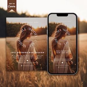 May include: A social media post calling for models for a free outdoor mini photo session. The post features a woman in a flowing dress with a sunset background. The text reads "Call for Models" and "Free Outdoor Mini Session".