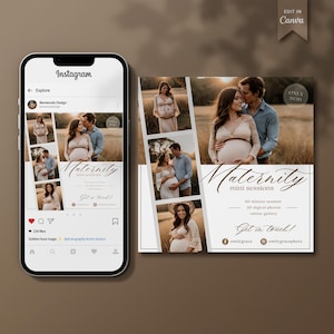 May include: A white and brown Instagram post advertising maternity mini sessions for $120. The post features photos of pregnant women and couples in a field. The text reads "Maternity mini sessions", "30 minute session", "20 digital photos", "online gallery", "Get in touch!" and includes contact information for "emilygrace" and "emilygracephoto".