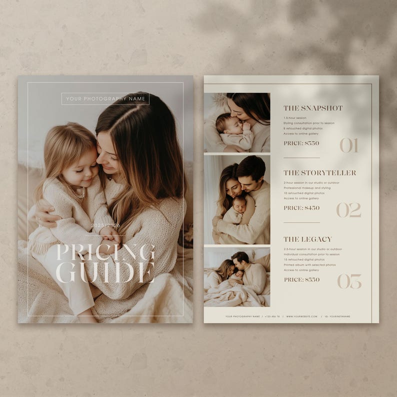 Puede incluir: Una gu&iacute;a de precios de fotograf&iacute;a en tonos beige y blanco. La portada presenta a una madre y su hijo, con retratos familiares y detalles de paquetes en el interior. El texto incluye "PRICING GUIDE" y "YOUR PHOTOGRAPHY NAME".