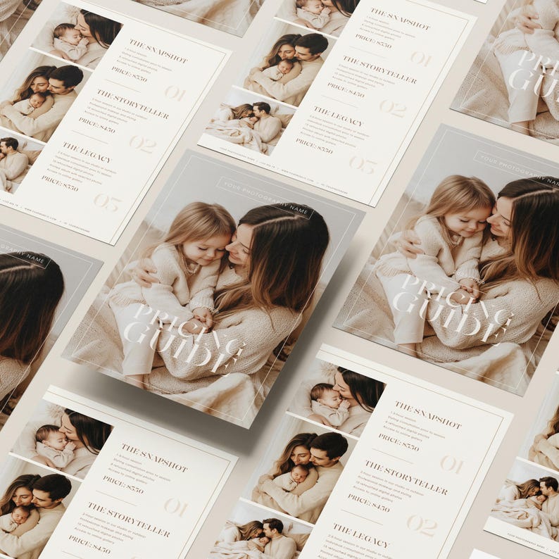 Puede incluir: Una colecci&oacute;n de gu&iacute;as de precios beige y blancas con fotos familiares. Las gu&iacute;as presentan texto como "Pricing Guide", "The Snapshot", "The Storyteller" y "The Legacy". Las im&aacute;genes muestran familias con ni&ntilde;os peque&ntilde;os.