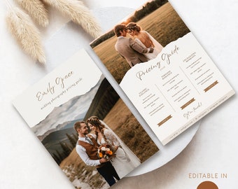 May include: A wedding photography pricing guide with a rustic aesthetic. The guide features a couple in a field with a mountain range in the background. The text "Emily Grace" and "wedding photography pricing guide" is at the top of the page. The guide includes pricing for different wedding photography packages, including "Classic Elegance", "Timeless Romance", and "Enchanting Moments".
