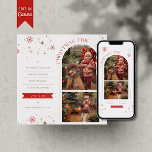 May include: A white square with a red banner at the top that says "EDIT IN Canva". The square has a red and gold snowflake pattern and the text "CHRISTMAS TIME" in a red arch. The square is divided into three sections. The top section has the text "30 MINUTE SESSION", "ONLINE GALLERY", "PRINT RELEASE", "15 DIGITAL IMAGES", and "ONLY £120". The middle section has a photo of a child in a red and white sweater standing in front of a Christmas tree. The bottom section has a photo of a child in a white hat holding a basket in front of a Christmas tree. The square is next to a white smartphone with a red and gold snowflake pattern and the text "CHRISTMAS TIME" in a red arch. The smartphone is divided into two sections. The top section has a photo of a child in a red and white sweater standing in front of a Christmas tree. The bottom section has a photo of a child in a white hat holding a basket in front of a Christmas tree. The smartphone has the text "30 MINUTE SESSION", "ONLINE GALLERY", "PRINT RELEASE", "15 DIGITAL IMAGES", and "ONLY £120".