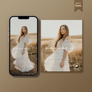 May include: A senior portrait photography advertisement with a white background and a photo of a woman in a white dress standing in a field of tall grass. The text "senior" is written in a cursive font and the text "30 minute photoshoot, outdoor or indoor setting, 15 professionally edited photos, online gallery" is written in a smaller font below the photo. The text "celebrate your senior year" is written in a cursive font below the text.
