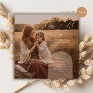 Puede incluir: Una convocatoria de modelos para una sesión de fotos de "Mamá e hija". La imagen muestra a una madre y a su hija en un campo, con texto que dice "Mamá e hija Convocatoria de modelos" y detalles sobre la sesión. El texto también dice "Recibirás: galería en línea, 10 imágenes digitales, 20% de descuento en una sesión de tu elección."