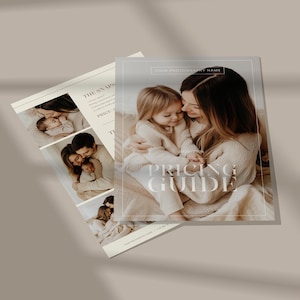 Puede incluir: Una gu&iacute;a de precios de fotograf&iacute;a y una hoja de fotos de muestra. La gu&iacute;a de precios presenta a una madre y un ni&ntilde;o, con las palabras "Pricing Guide". La hoja de fotos tiene fotos familiares y las palabras "The Snaps".