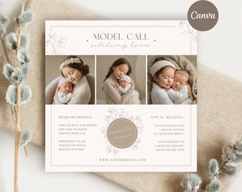 Llamada de modelo de sesión familiar, plantilla editable de Canva, mini sesión familiar, plantilla de mini sesión de hermanos, junta de marketing de fotografía