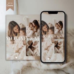 Könnte beinhalten: Eine Werbegrafik für eine "Mommy & Me Mini Session" mit einer Mutter und ihrem Kind. Das Design umfasst ein Drucklayout und ein Telefon-Mockup, die beide Fotos und Text anzeigen. Der Text enthält "Edit in Canva".