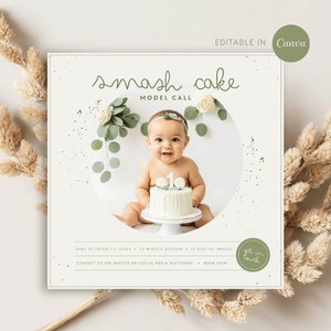 Appel de modèle de session Smash Cake, séance photo en studio pour anniversaire de bébé, modèle modifiable Canva, conseil de marketing de photographie du 1er anniversaire, Minis