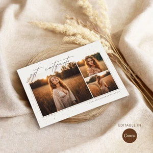 Modèle de carte-cadeau modifiable pour photographe Modèle de chèque-cadeau de photographie Conception de certificat-cadeau Carte-cadeau de séance photo imprimable