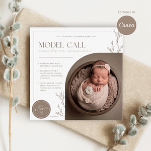 Könnte beinhalten: Eine Modellausschreibung für eine Neugeborenen-Fotosession. Die Ankündigung zeigt ein Foto eines schlafenden Babys in einer Holzschale, mit dem Text "MODEL CALL newborn session" und Details zur Session, wie das Alter des Babys und die Dauer des Fotoshootings.