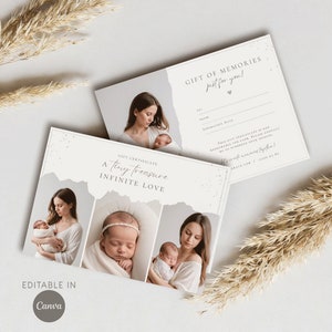 Modèle de bon cadeau photo Canva, carte cadeau photo minimaliste, modèle de bon modifiable, séance nouveau-né, maternité, famille
