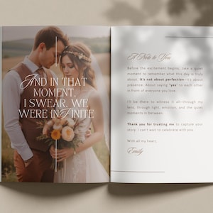Elegant, pre-written wedding photography guide for photographers. Aesthetic, luxury Canva template to welcome clients with ease, clarity, and emotion. Fully editable, digital & print-ready.