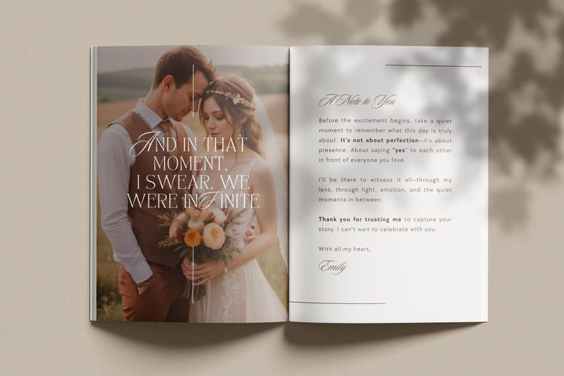 Elegant, pre-written wedding photography guide for photographers. Aesthetic, luxury Canva template to welcome clients with ease, clarity, and emotion. Fully editable, digital & print-ready.