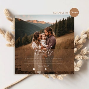 May include: A digital marketing graphic for a family mini photo session. The graphic features a photo of a family of three in a mountain setting. The text "Family Mini Session" is written in a cursive font. The graphic also includes details about the session, such as the length of the session, the number of digital images included, and the price. The graphic includes social media handles for the photographer.