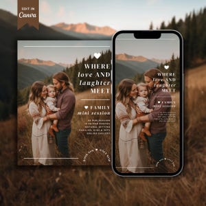 Könnte beinhalten: Eine quadratische Social-Media-Grafik mit weißem Rand und einem Herz-Symbol. Die Grafik zeigt eine dreiköpfige Familie in einer natürlichen Umgebung mit Bergen im Hintergrund. Der Text lautet "Wo Liebe und Lachen sich treffen" und "Familien-Minisession". Die Grafik enthält auch Details zur Session, wie z. B. Dauer, Anzahl der Fotos und Preis.
