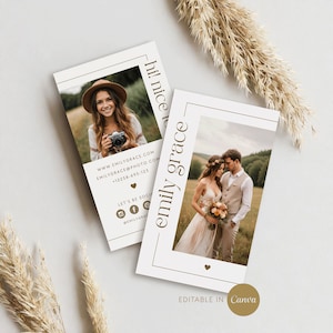 Carte de visite de photographie Canva, modèle modifiable, marketing pour photographe, vertical, moderne, minimaliste, simple, élégant, imprimable