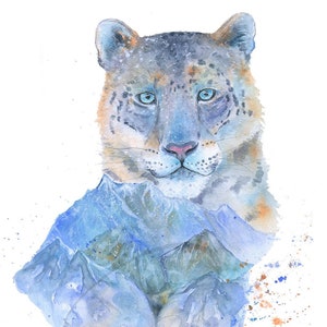 Stillness - Snow Leopard, Big White Cat, Snowy Mountains, Fine Art Print, Watercolor Painting, Available in Paper & Canvas by Olga Cuttell