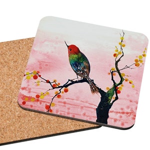 Hummingbird Coaster, Mix & Match Warm Reflection colourful hummingbird, pink cherry blossoms, watercolour painting, country home style image 1