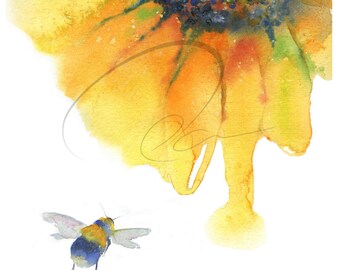 Nectar - Honey Bee - Art Print - Sunflower - Spirit of Life - Busy Bumblebee - Watercolor Wildlife Painting - Paper or Canvas - Olga Cuttell
