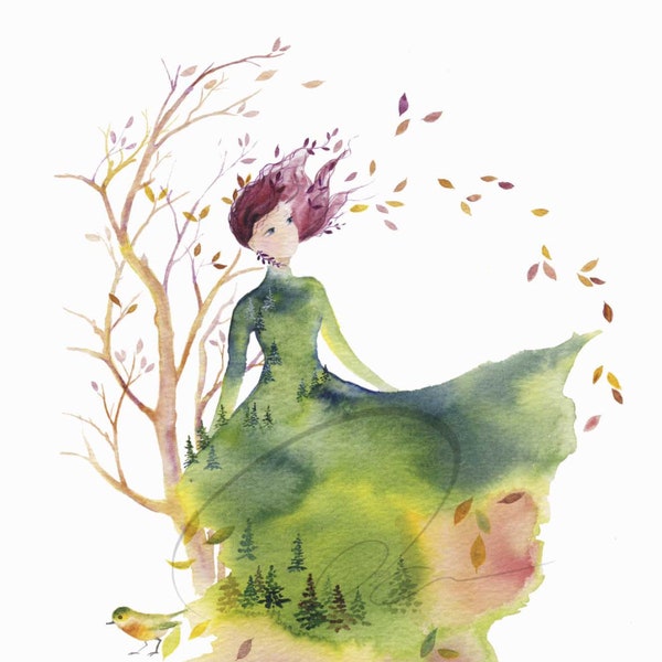 Fallen Leaves - Autumn Spirit - Fall Fairy - Watercolor Art Print - Fashion Sketch - Gia Woman - Nature Dress- Paper & Canvas - Olga Cuttell