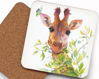 Giraffe, Kunstuntersetzer, Mix & Match (alle 4 Designs) "Nibbler" - Afrikanische Giraffe, Knabbern auf einem Blatt, Trinkmatte, Wohndekoration