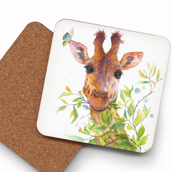 Posavasos artísticos de jirafa, combinables (4 diseños) "Nibbler" - Jirafa africana mordisqueando una hoja, posavasos, regalo de inauguración, decoración del hogar