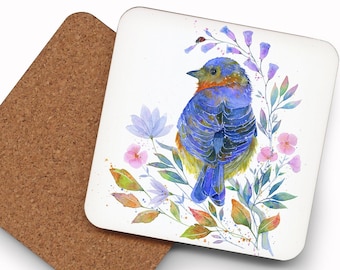 Drink Coasters, Mix & Match "Blue Bell" Blue bird, bird art coaster, bird themed coaster, watercolour painting, housewarming gift, Oladesign