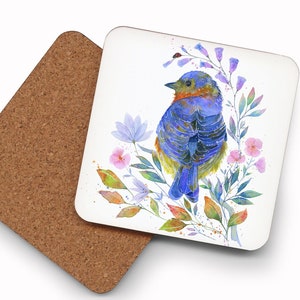 Drink Coasters, Mix & Match &quot;Blue Bell&quot; Blue bird, bird art coaster, bird themed coaster, watercolour painting, housewarming gift, Oladesign