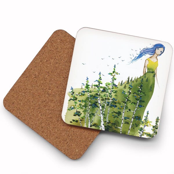 Posavasos combinables "Lady Aspen": espíritu del bosque, hada del bosque, posavasos artísticos de hadas, dríade, posavasos artísticos, acuarela, Oladesign