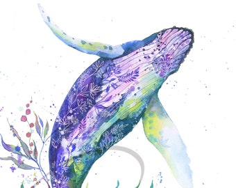 Blue Waltz - Breaching Blue Whale - Art Print - Colourful Sea Creature - Wildlife - Watercolour Painting - Paper or Canvas - Olga Cuttell